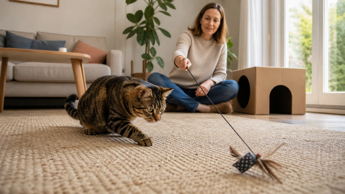 Brown tabby stalking a floor-level feather wand lure while a caregiver controls the toy from several feet away