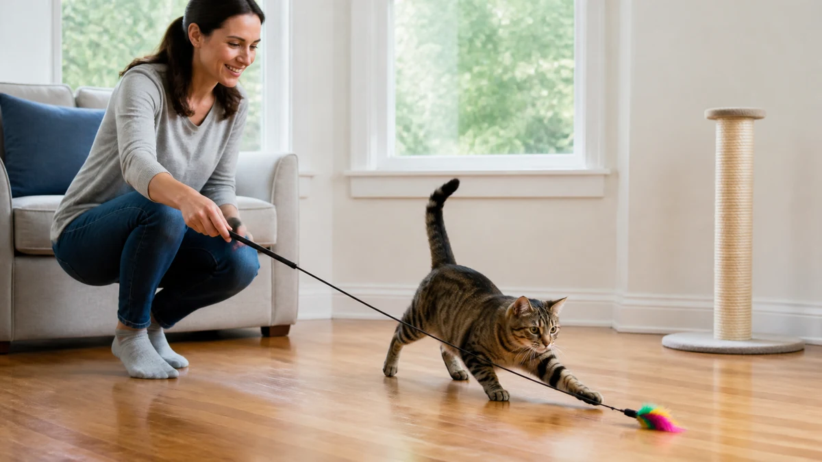 Caregiver using a safe wand toy as a non-food reward while a brown tabby stalks across an open floor