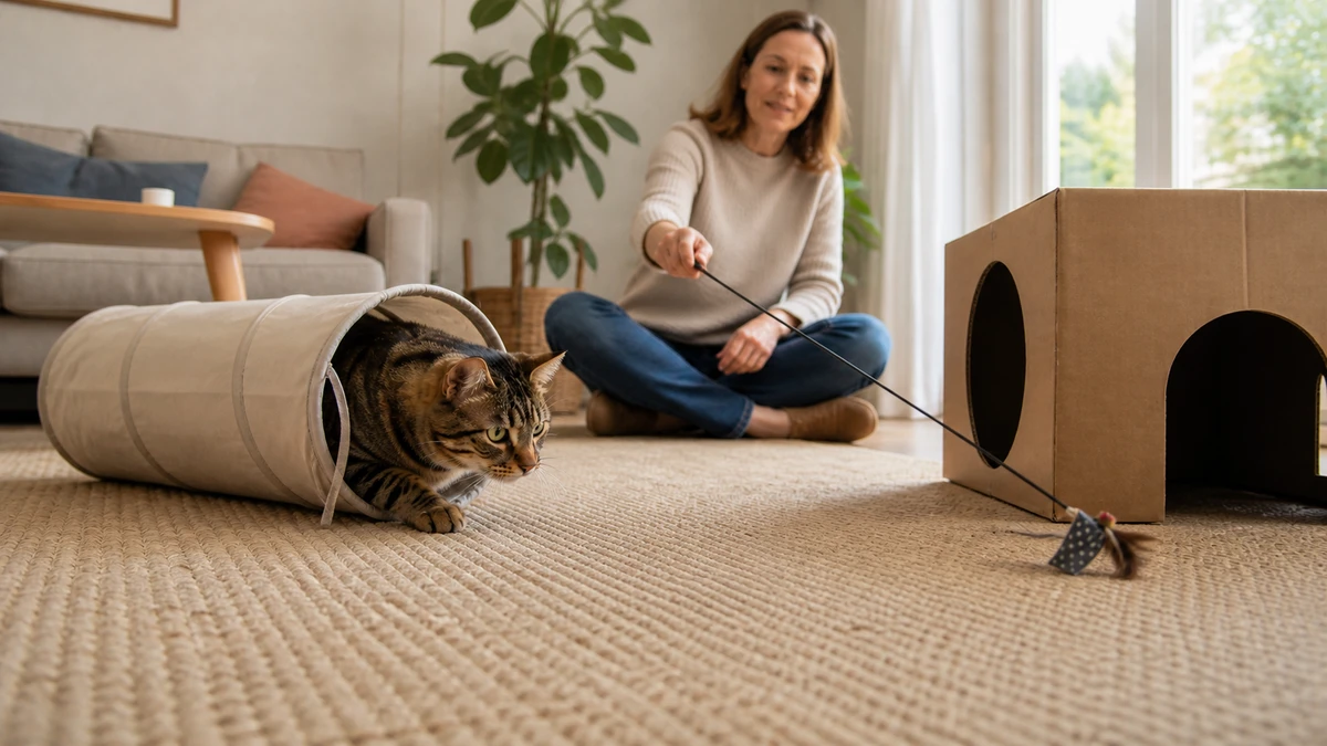 Brown tabby emerging from a fabric tunnel while watching a wand lure move from behind a cardboard hide