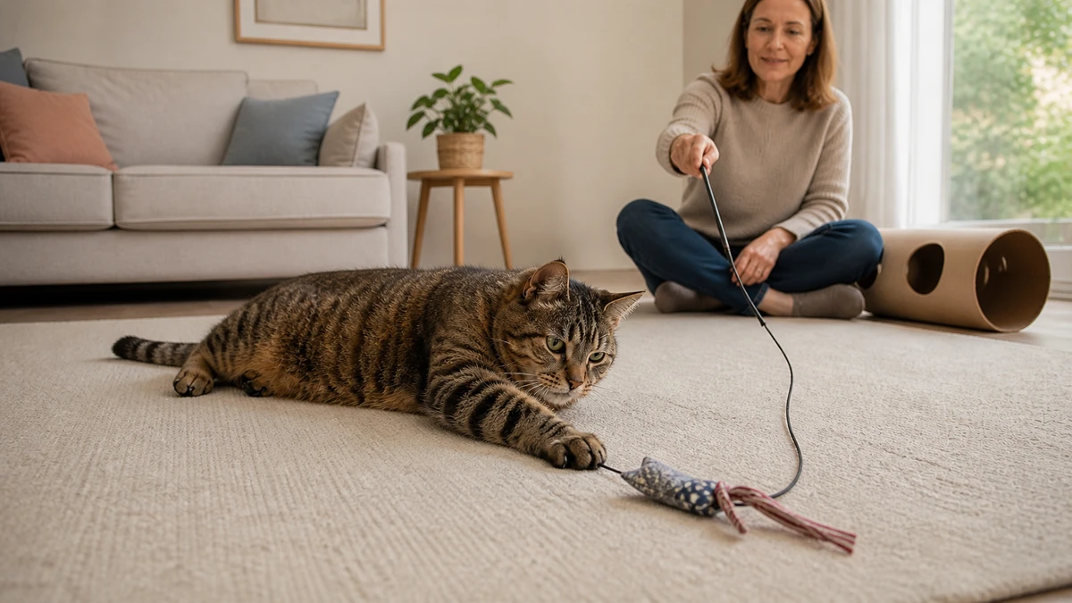 Mature brown tabby reaching from a supported lying position toward a floor-level wand lure on a nonslip rug