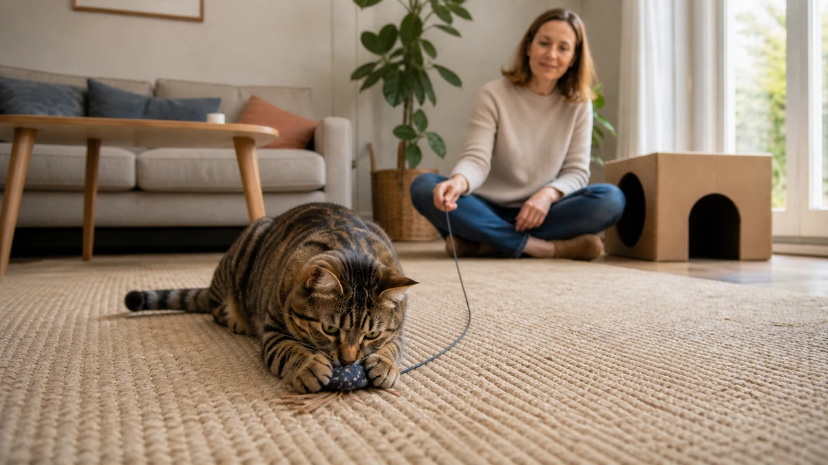 Brown tabby calmly pinning a caught fabric wand lure while the caregiver relaxes the line