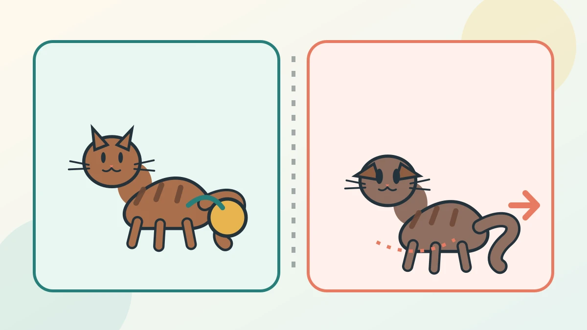 Side-by-side scene of a loose playful cat targeting a toy and a fearful crouched cat asking for distance