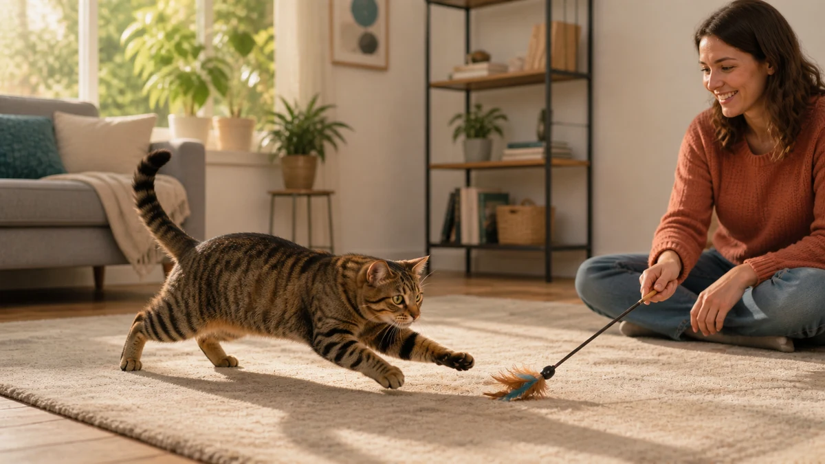 Brown tabby cat pouncing toward a feather wand held safely away from a caregiver’s hands and feet