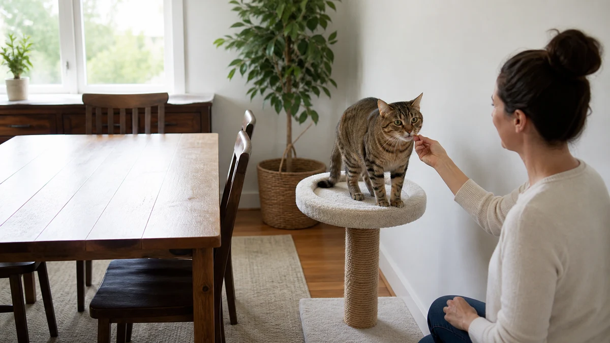 Caregiver rewarding a brown tabby for choosing a stable perch beside a cleared dining table