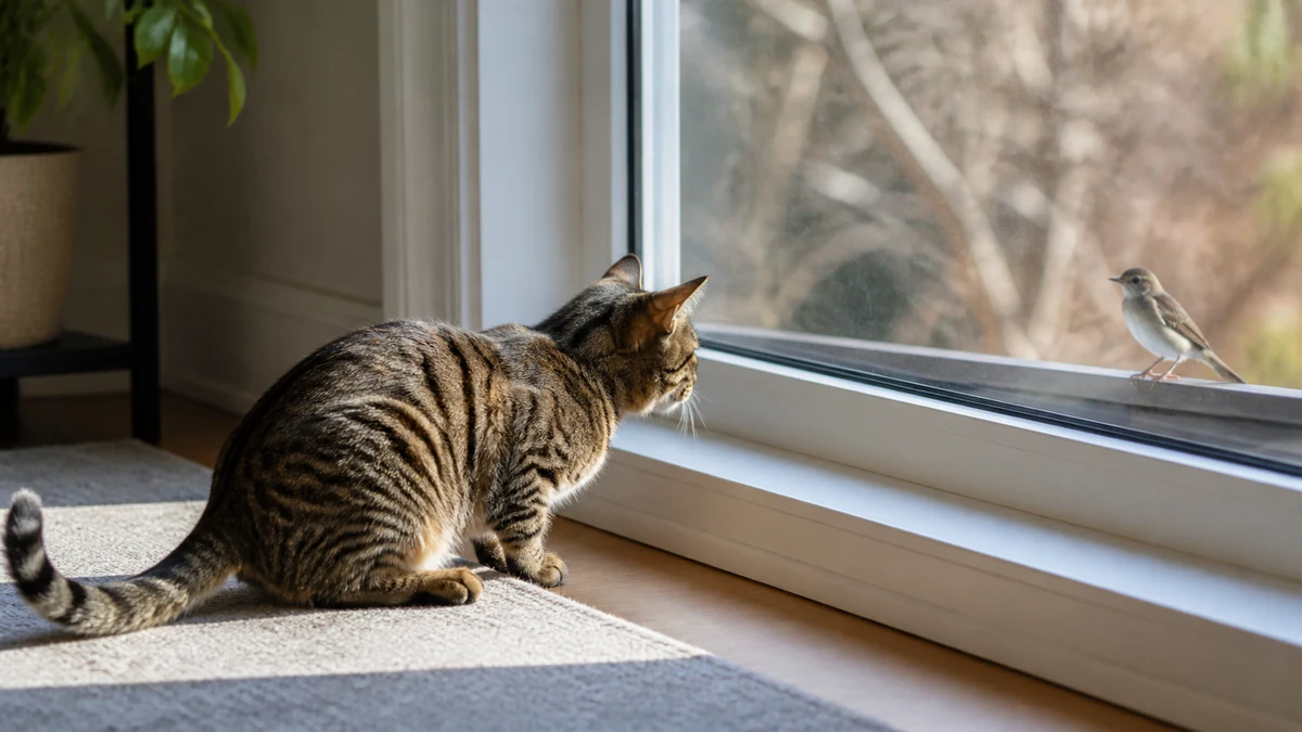 Indoor tabby in a low focused hunting posture watching a bird through a closed window