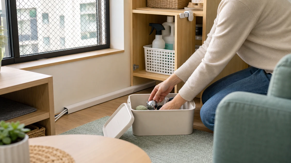 Caregiver securing loose cables and storing household cleaners while a mesh-screened window makes a room safer for a new cat
