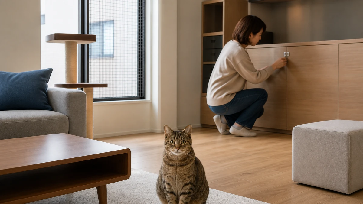 Brown tabby sitting in a calm living room while a caregiver checks closed storage, covered cables, and a secured mesh window