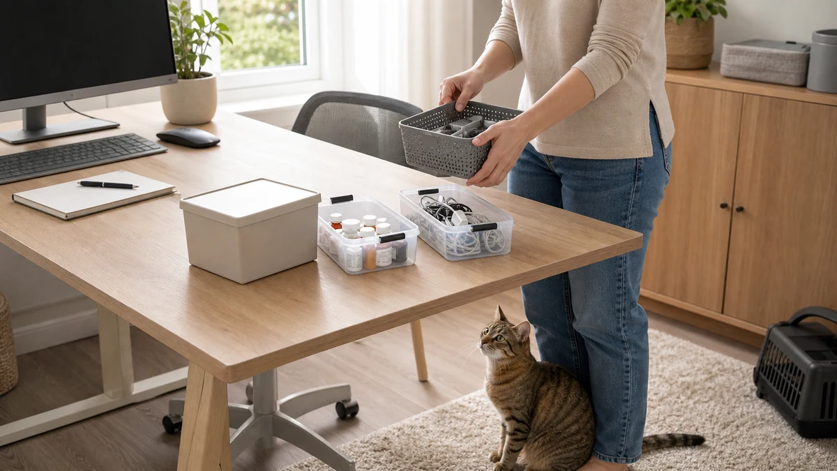 Caregiver moving medicines, cables, and small household hazards into closed storage while a tabby remains safely on the floor