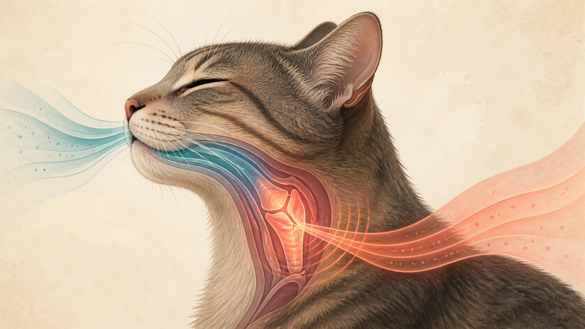 Conceptual side view of a cat showing airflow through the throat and rhythmic vibrations around the larynx