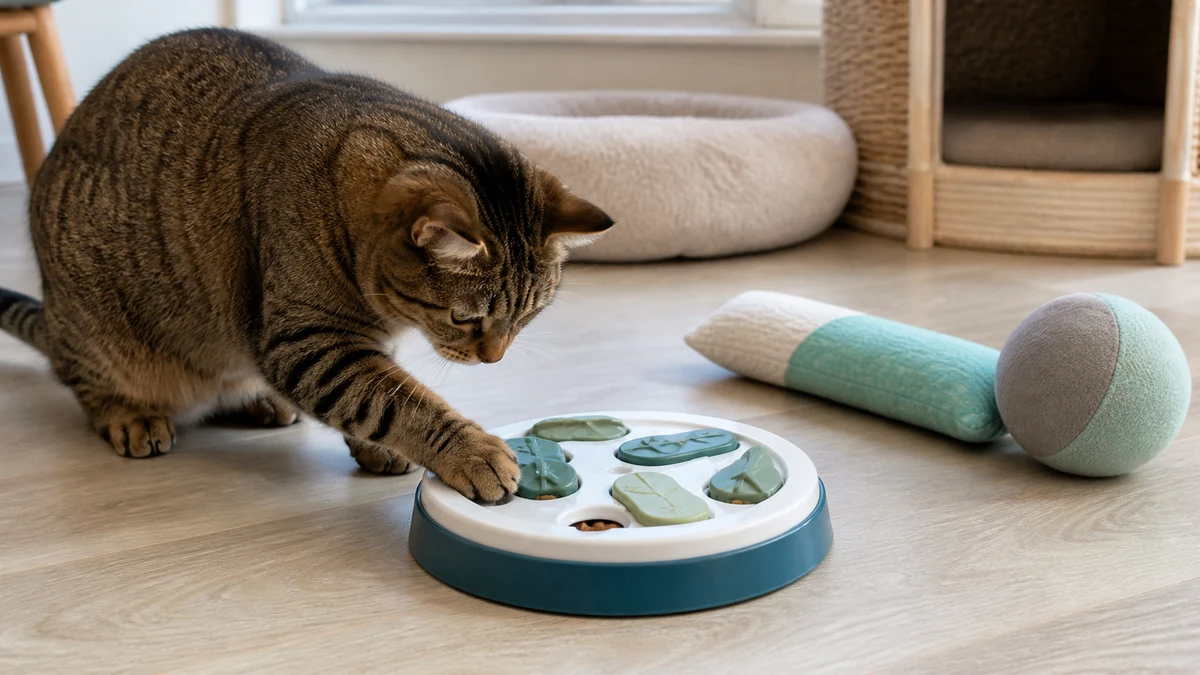 Indoor tabby using a sturdy puzzle feeder beside two large safe enrichment toys