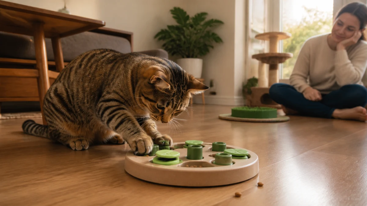 Brown tabby using a stationary food puzzle containing part of its measured daily ration while a caregiver supervises