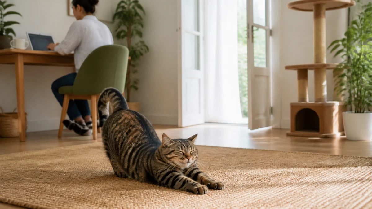 Brown tabby cat stretching loosely on a rug while a caregiver works quietly in the background