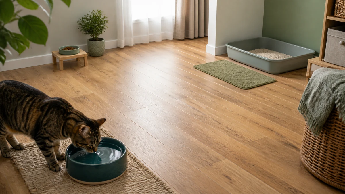 Brown tabby drinking from a wide water bowl with food and a large litter tray placed in separate areas of a quiet room