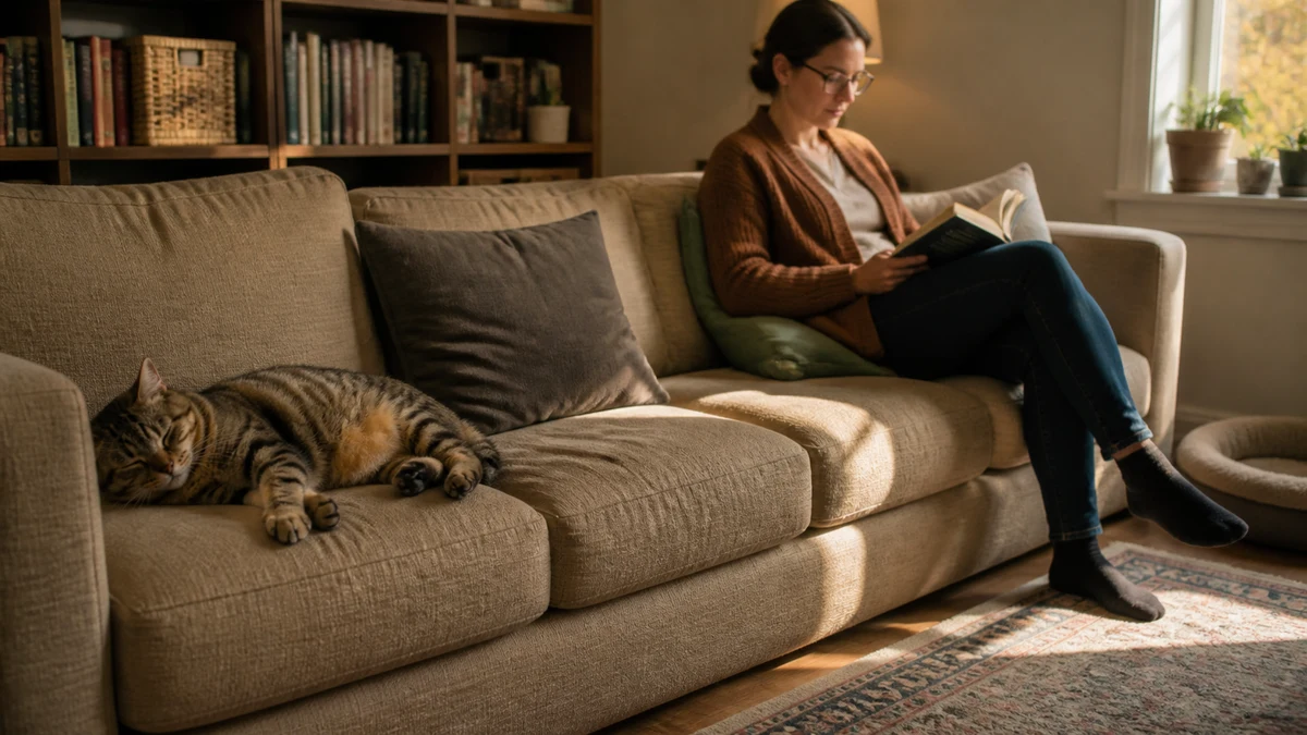 Brown tabby cat sleeping loosely on one end of a sofa while a caregiver reads at the other end
