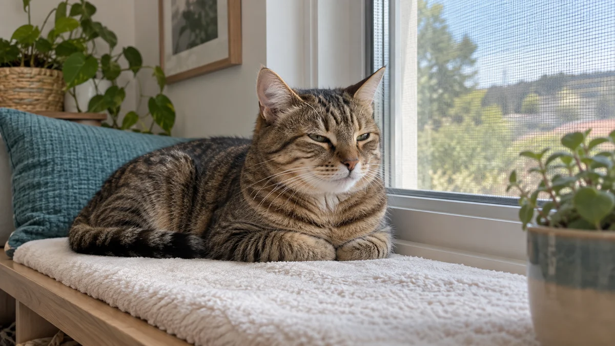 Adult brown tabby rests with partly closed eyes on a broad window perch behind a secure mesh screen