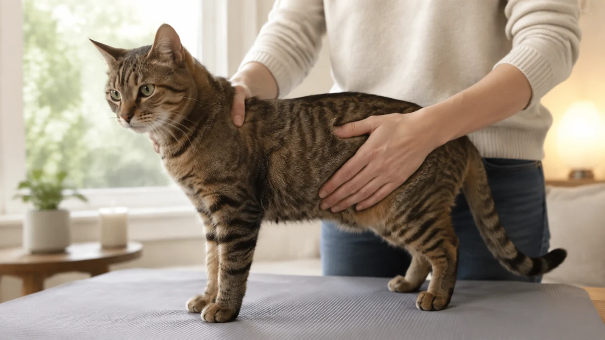 Caregiver using flat fingertips to feel both sides of a standing tabby's ribcage on a nonslip mat