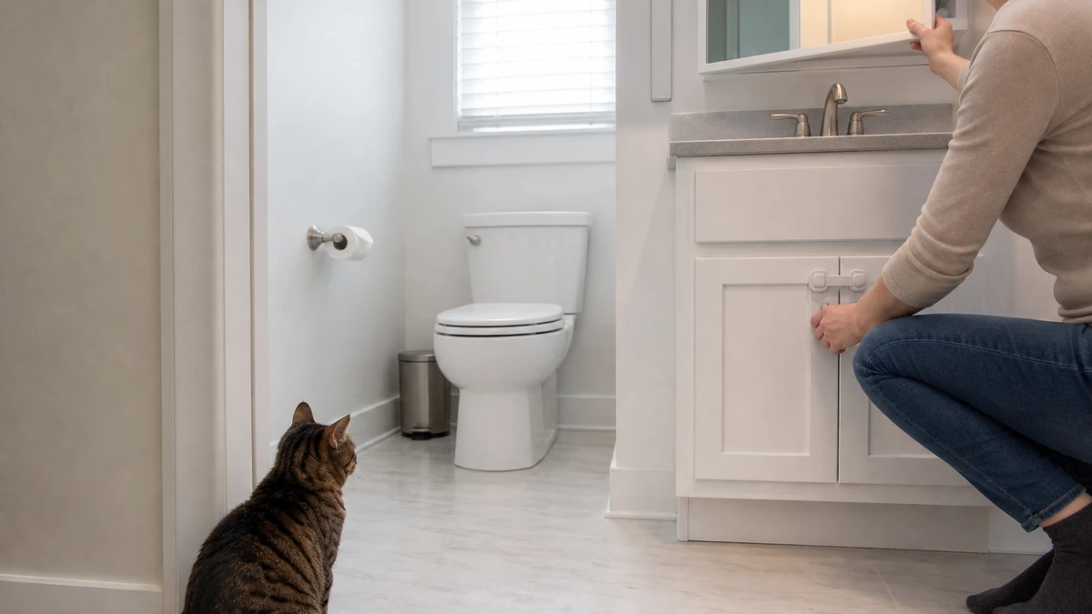 Brown tabby outside a bathroom while a caregiver closes a medicine cabinet and stores cleaners in a latched cupboard
