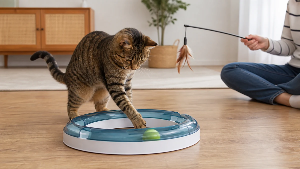 Brown tabby swatting a captured ball in a sturdy track toy while a caregiver uses a long wand at a safe distance