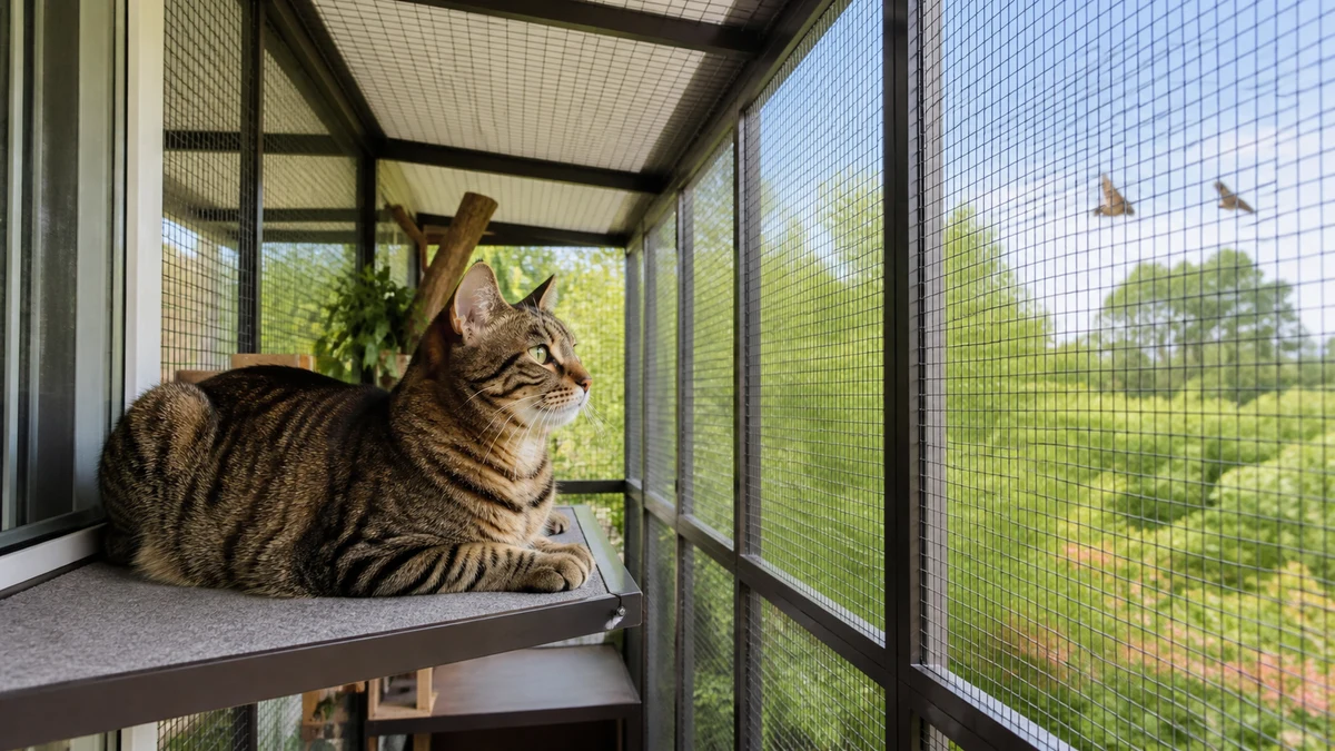 Brown tabby safely watching distant birds from inside a fully enclosed home catio