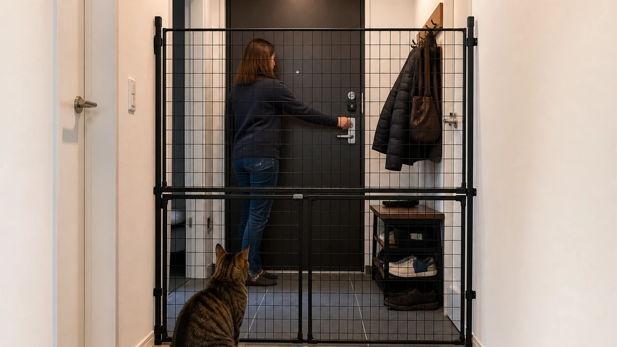 Brown tabby waiting behind an interior entry barrier while a caregiver checks the closed exterior door latch