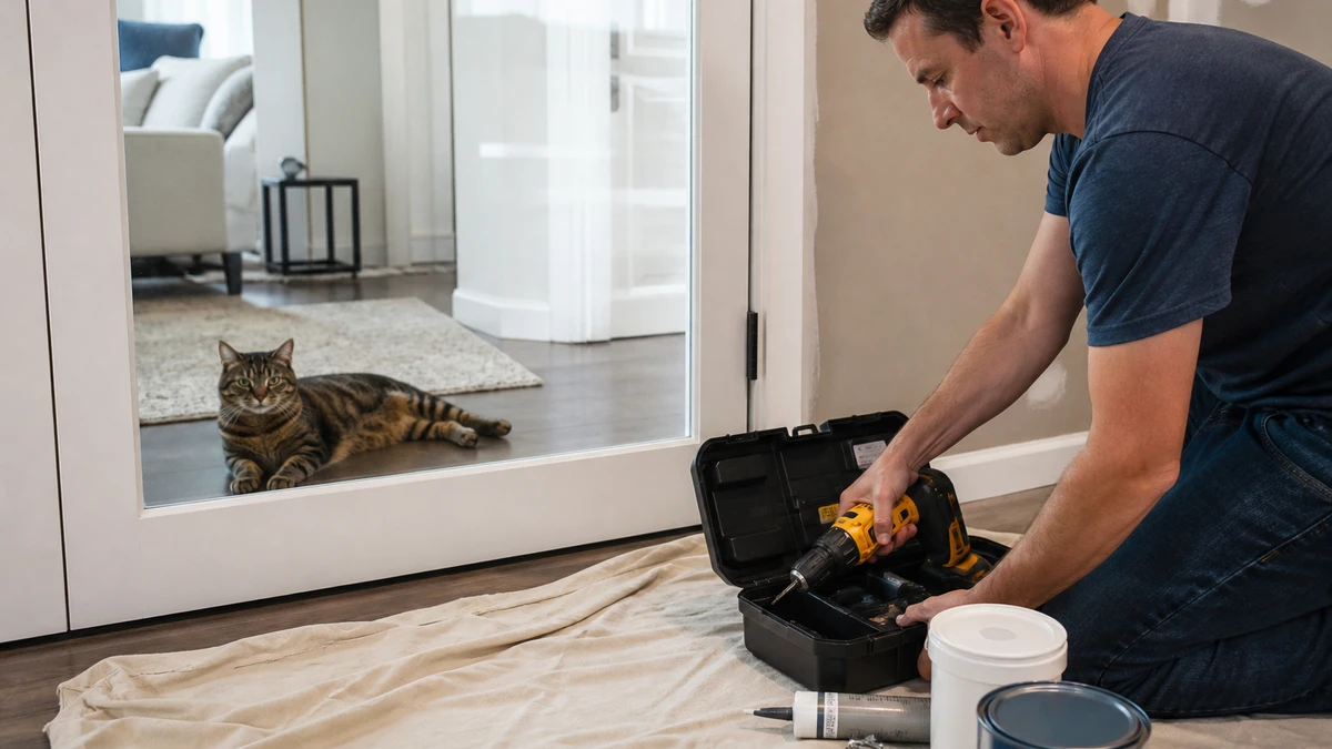 Brown tabby resting safely behind a closed interior door while a caregiver clears tools and chemicals from a repair area