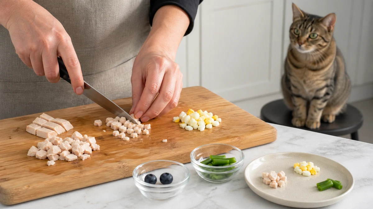 Caregiver preparing pea-sized pieces of plain cooked chicken, egg, green bean, and blueberries while a tabby watches