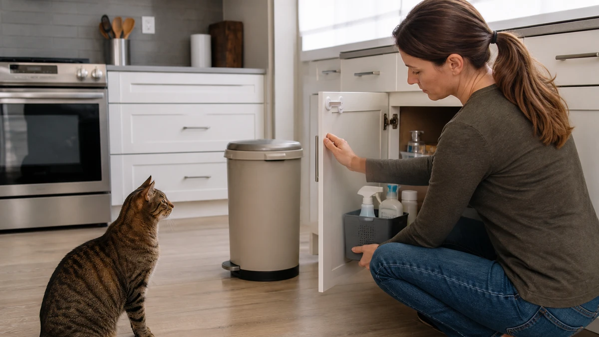 Caregiver securing cleaners and food packaging while a brown tabby watches from a clear kitchen floor