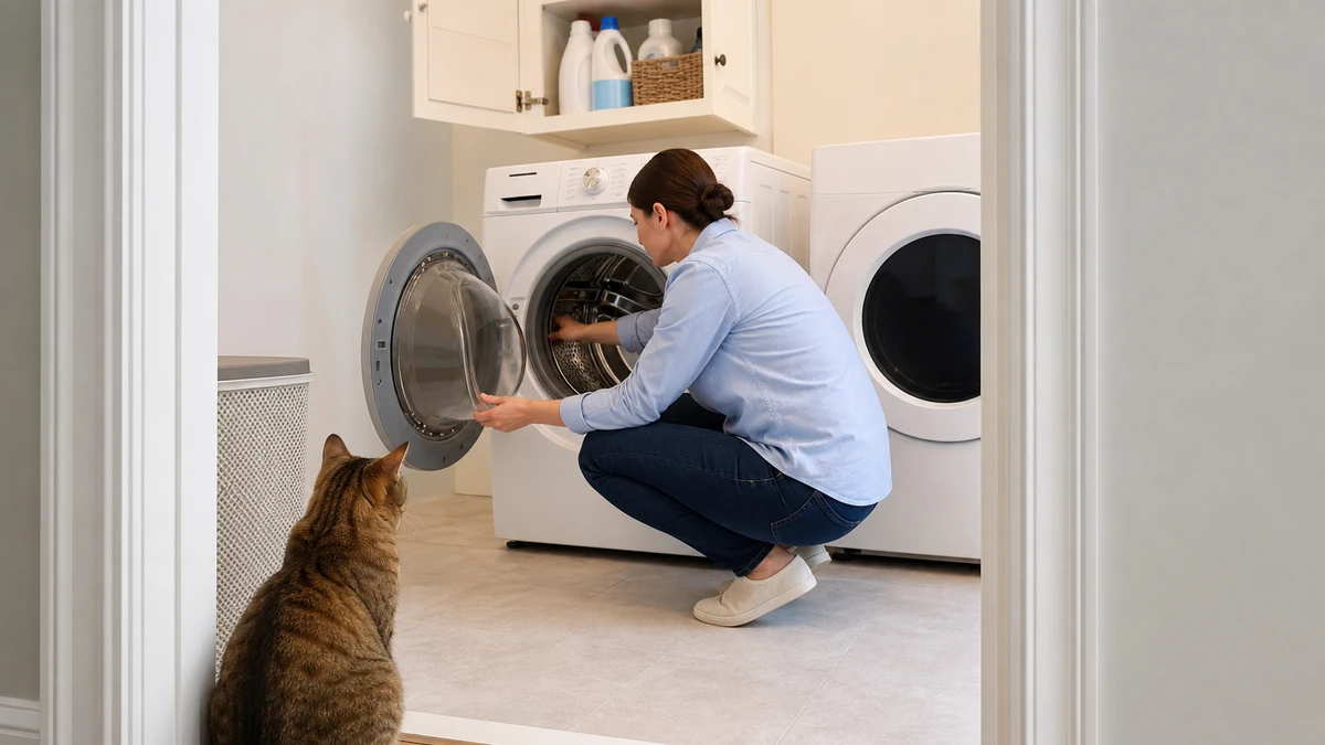 Caregiver checking an empty washing machine drum while a brown tabby waits outside the laundry area