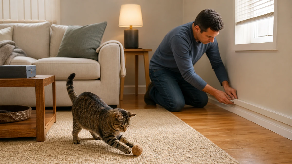 Brown tabby playing with a solid ball in a living room with cords enclosed and small objects stored away