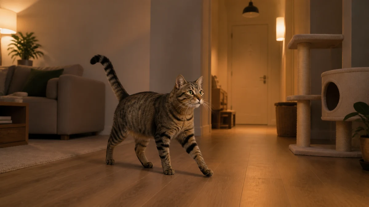 Brown tabby cat trotting along a clear nighttime path with stable furniture, secured cords, and an anchored cat tree