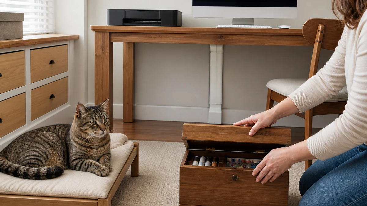 Caregiver closing a sewing box and routing computer cables while a brown tabby rests on a stable perch