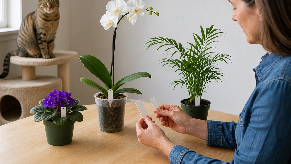 Caregiver checking plant labels beside a parlor palm, Phalaenopsis orchid, and African violet while a brown tabby watches from a distance