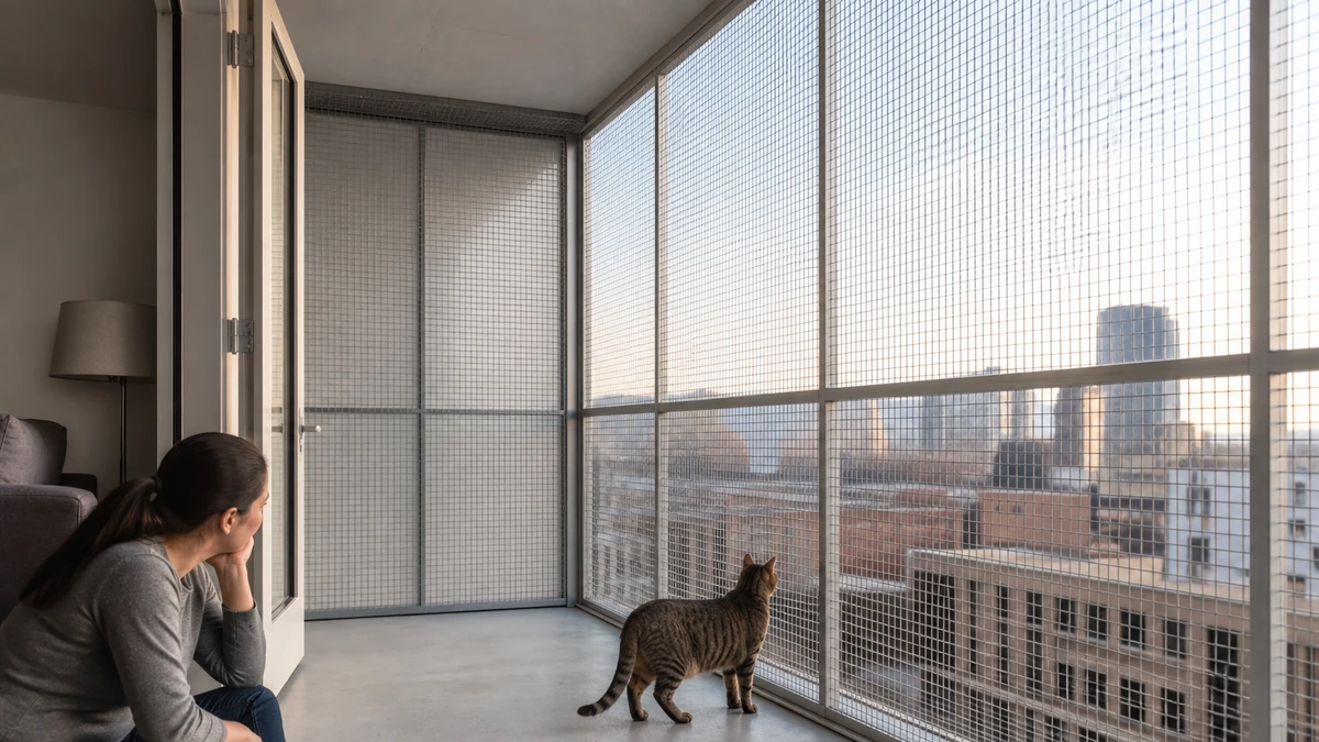 Brown tabby observing outdoors from behind a firmly secured floor-to-ceiling balcony mesh while a caregiver supervises