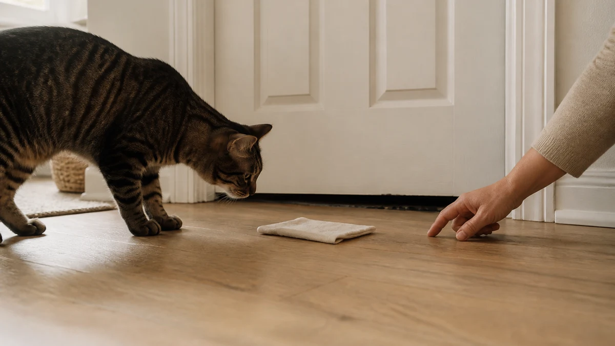 Brown tabby calmly investigating a scent cloth placed on open floor space beside a fully closed door