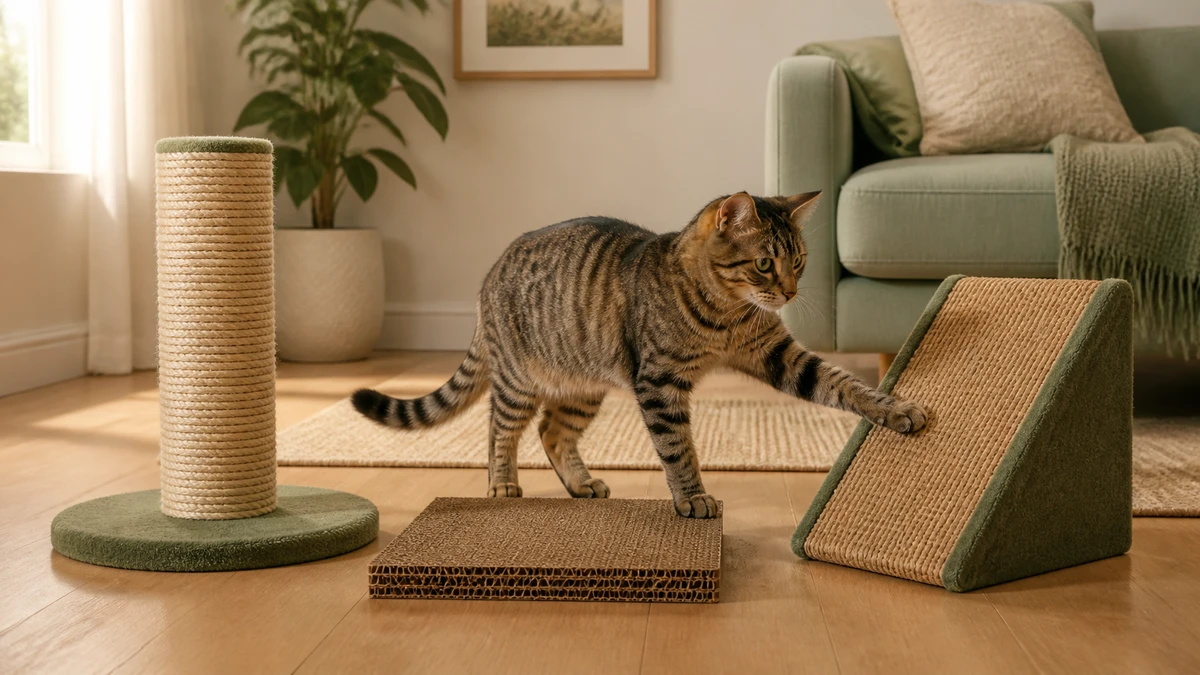Tabby cat investigating vertical sisal, horizontal cardboard, and angled scratching surfaces