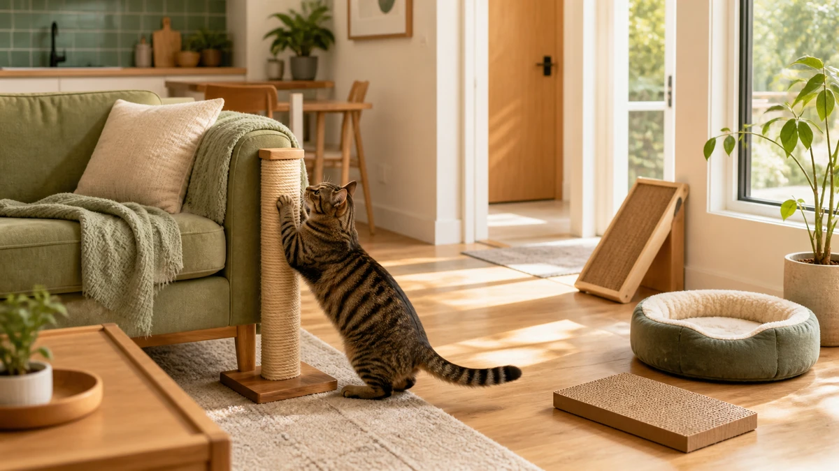 Tabby cat using one of several scratching surfaces placed beside a sofa, sleeping area, window, and doorway