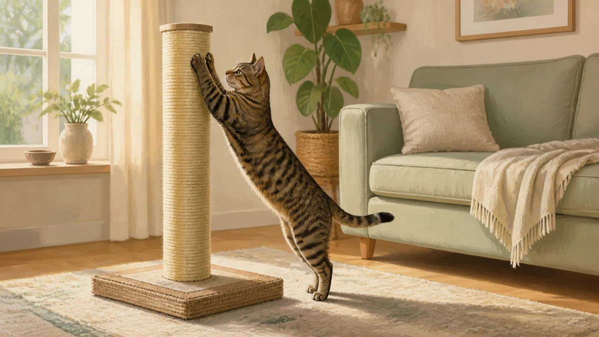 Tabby cat stretching fully while scratching a tall stable sisal post beside an intact sofa