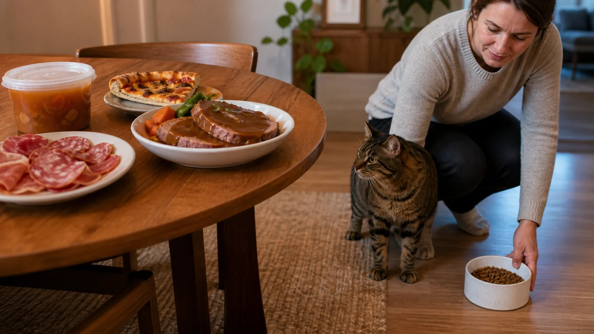 Caregiver redirecting a tabby from seasoned takeaway food, pizza, gravy, and cured meat toward the cat’s own bowl