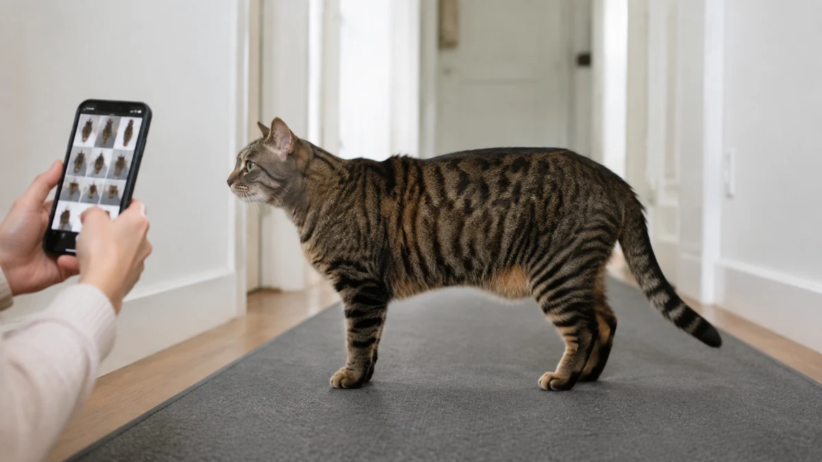 Caregiver taking a repeatable side-profile photo of a standing tabby on the same plain mat