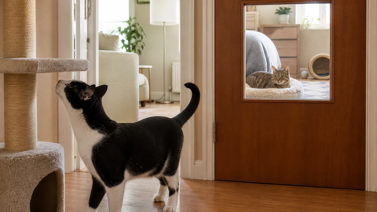 Black-and-white cat exploring a shared cat tree while the brown tabby remains relaxed in a securely separated room