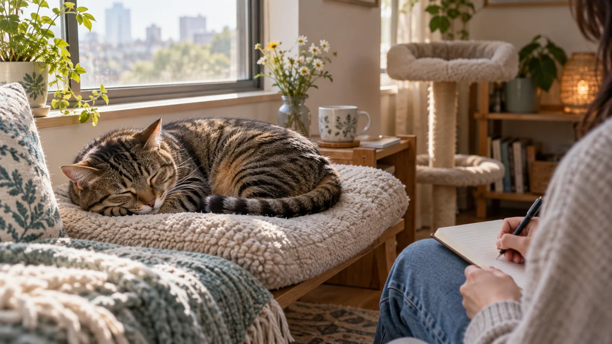 Adult brown tabby sleeps on a soft window-side cushion while a caregiver quietly records the cat’s normal routine