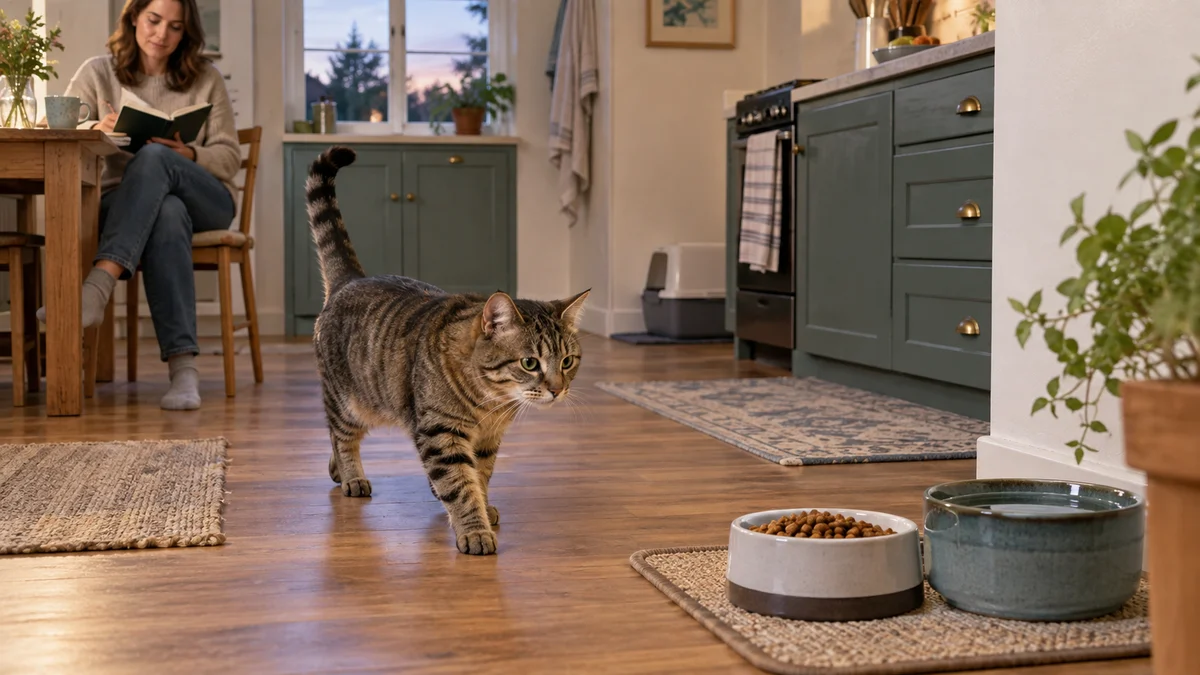 Healthy adult brown tabby walks toward its regular meal while a caregiver records the natural response from a distance