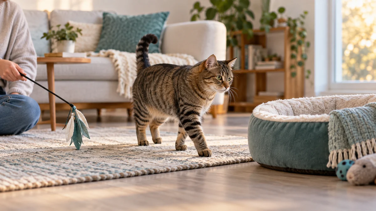 Adult brown tabby walks freely from a gentle floor-level play session toward a stable low resting bed