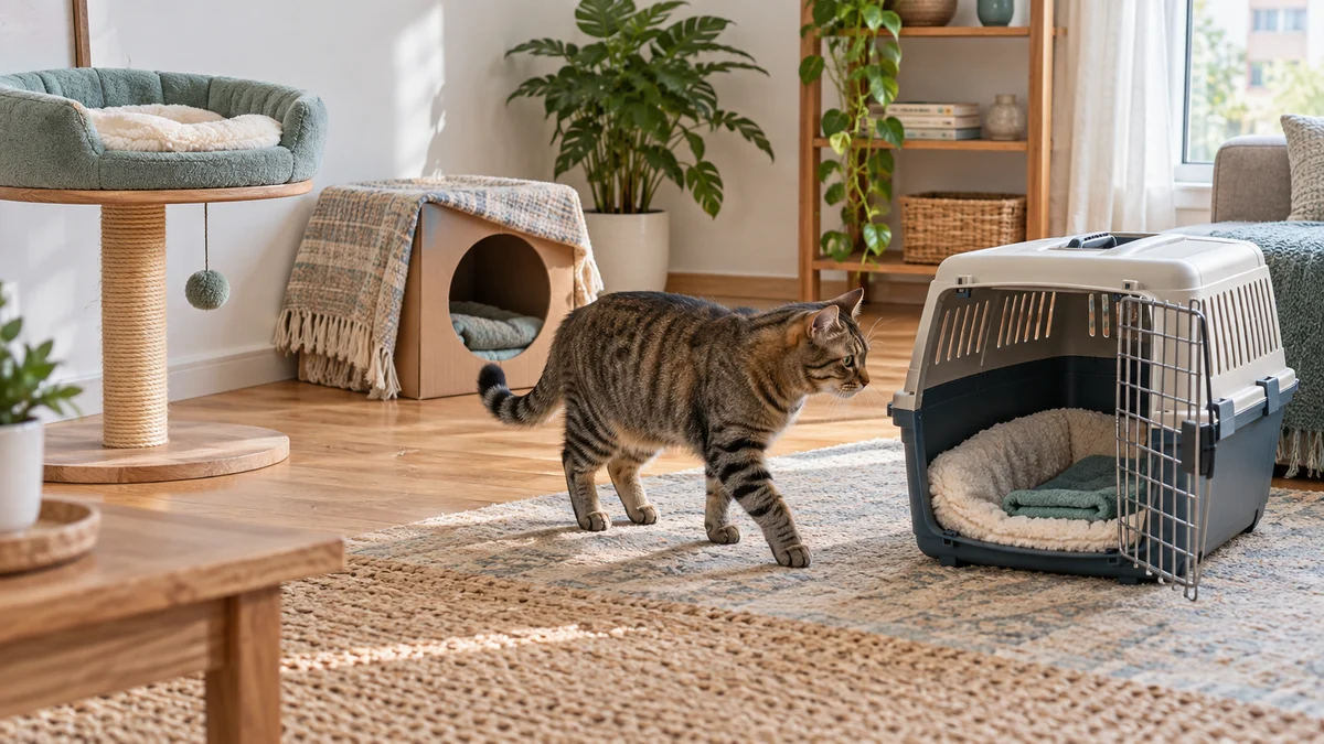 Adult brown tabby chooses among an open carrier with bedding, a covered hide, and an elevated padded perch