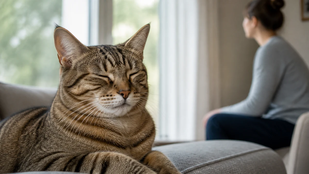 Relaxed brown tabby cat with gently closed eyes while a caregiver sits at a respectful distance