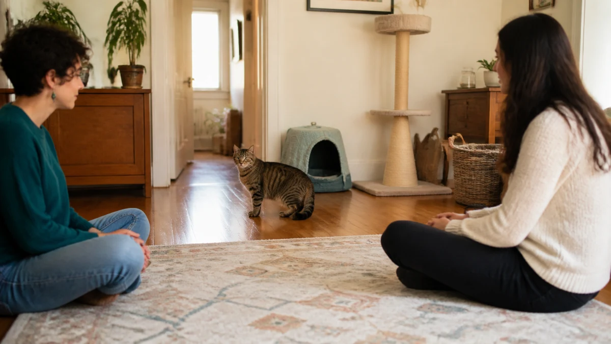 Brown tabby chooses its distance from two seated people with an open doorway, hide, and perch available