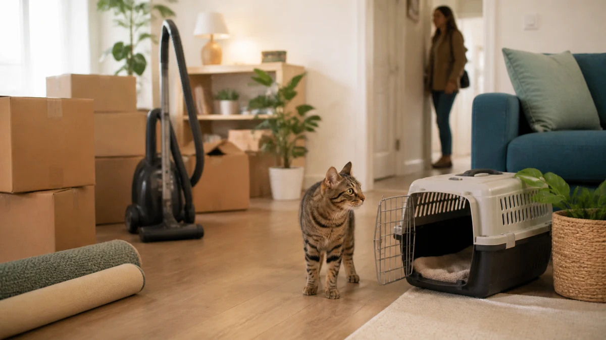Brown tabby pauses between moving boxes, a silent vacuum, and an open carrier while a visitor stands at the doorway