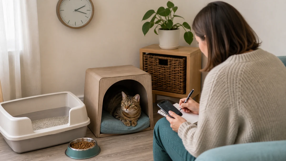 Caregiver records the time while a brown tabby rests in a covered hide beside clean food and litter resources