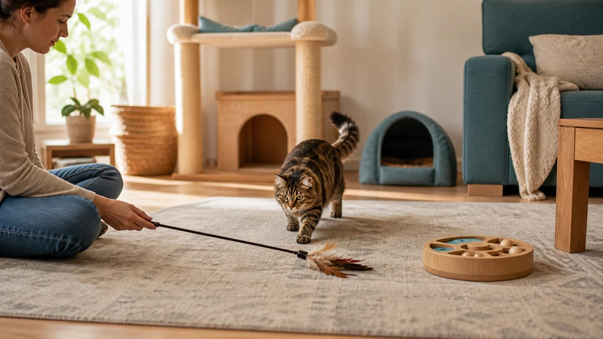 Brown tabby stalks a feather wand near a puzzle feeder with open access to a perch and covered hide