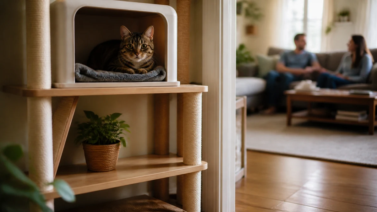 Brown tabby rests in a covered elevated cubby while household activity continues at a distance